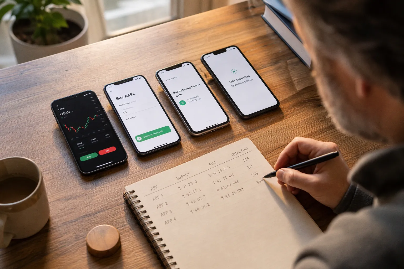 Measure order execution speed on 4 retail trading apps
